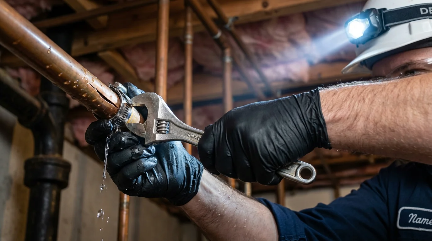 Emergency pipe clamp repair being performed by a Johns Plumbing LLC plumber in Knox