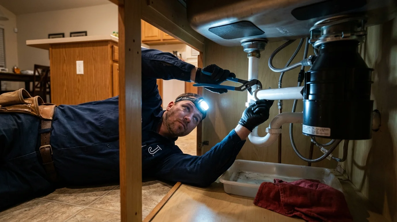 P-trap and supply line connections under a kitchen sink showing a common leak point in Knox, PA
